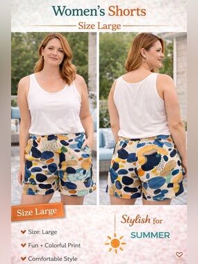 Flora Ashley Women’s Abstract Multi-Color Shorts w pockets LARGE NEW WITH TAGS